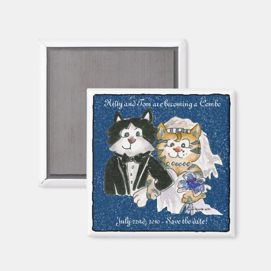 日付マグネットを保存した漫画の猫の結婚式 マグネット (正面/裏面)