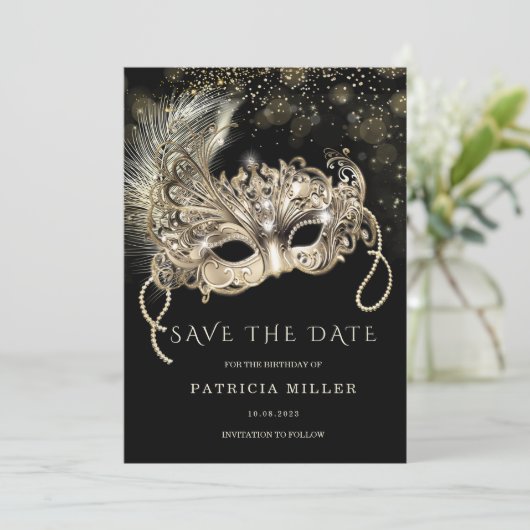 日付マスカレードパーティーの保存 招待状 (スタンド正面)