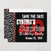 日付モダンのサプライズ40thブラックレッドv51を保存 案内ポストカード (正面/裏面)