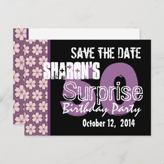 日付モダンのサプライズ50番目の紫の黒を保存 案内ポストカード (正面/裏面)