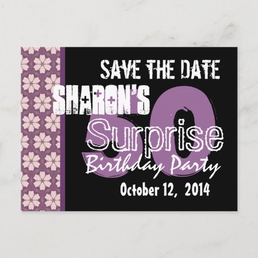 日付モダンのサプライズ50番目の紫の黒を保存 案内ポストカード (正面)