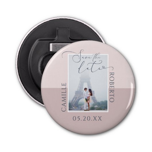 日付モダンをエレガント保存するピンクの2トーン写真 栓抜き (正面)