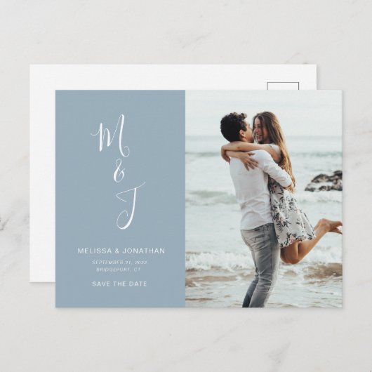 日付モダンをパウダーブルーで保存 案内ポストカード (正面/裏面)