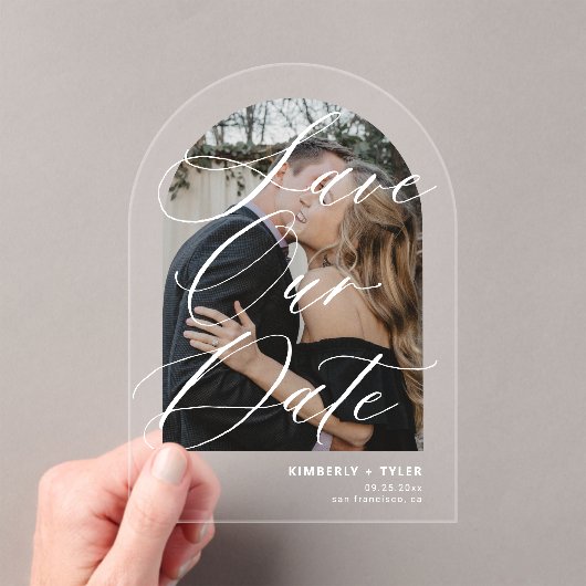 日付モダンを保存してアーチ写真エレガントな結婚式 アクリル招待状 (インサイチュ (ポータブル))