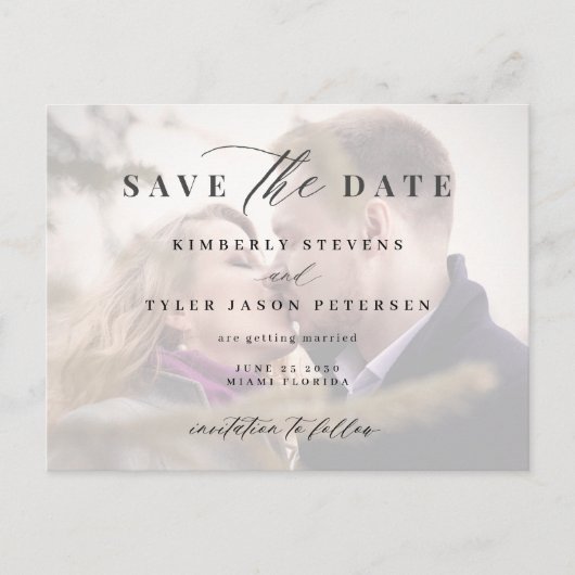 日付モダンを保存してフォトオーバーレイエレガントな結婚式 案内ポストカード (正面)