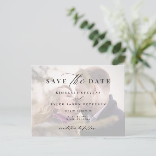 日付モダンを保存してフォトオーバーレイエレガントな結婚式 案内ポストカード (スタンド正面)