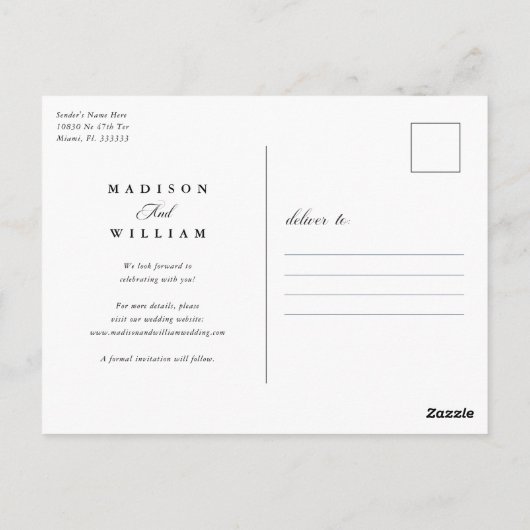 日付モダンを保存するエレガントな結婚式 ポストカード (裏面)