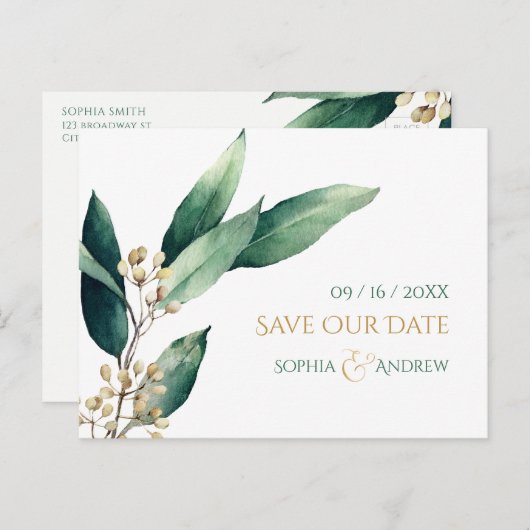 日付モダンを除いた植物性の緑の素朴な 案内ポストカード (正面/裏面)