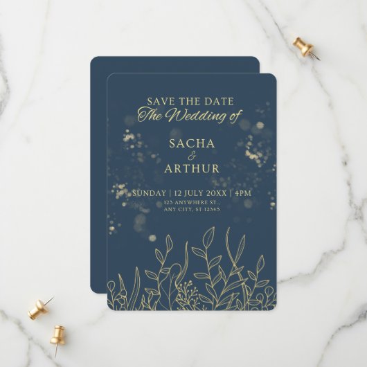 日付モダンカードの青の招待状 セーブザデート (正面/裏面インサイチュ)