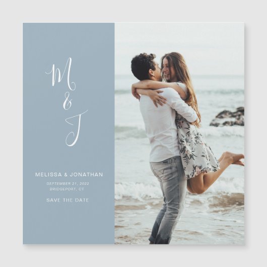 日付モダンパウダーブルー磁気カードを保存 マグネット招待状 (正面)