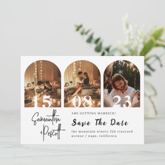 日付モダンミニマルのArchコラージュを保存 招待状 (スタンド正面)