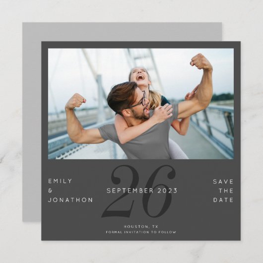 日付モダン写真濃い灰色その日付を保存 セーブザデート (正面/裏面)