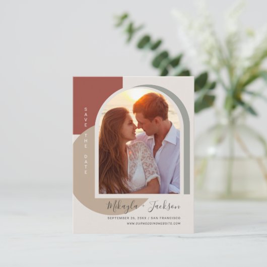 日付モダン抽象芸術はっきりしたアーチ写真の保存 招待状 (スタンド正面)