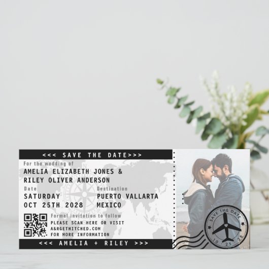 日付モダン搭乗券のチケット写真を保存 招待状 (スタンド正面)