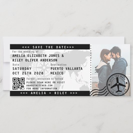 日付モダン搭乗券のチケット写真を保存 招待状 (正面)