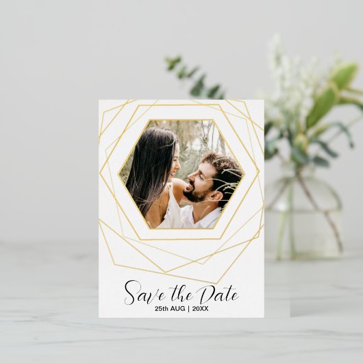 日付モダン金ゴールドの幾何写真の保存 箔シーズンポストカード (立ち正面)