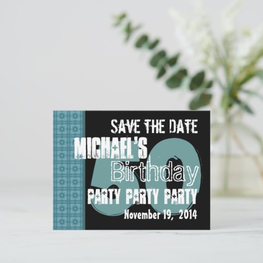 日付モダン50番目の誕生日ティール(緑がかった色)とアクアを保存 案内ポストカード (スタンド正面)