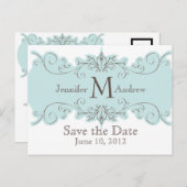 日付モノグラムの青結婚い渦巻きカードを保存 案内ポストカード (正面/裏面)