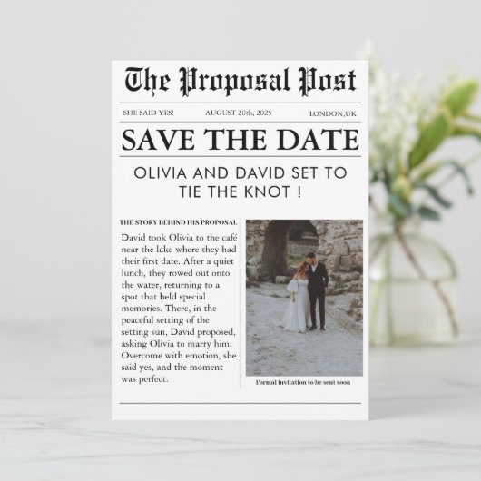 日付ユニークを保存したシックな新聞の写真の結婚式 招待状 (スタンド正面)