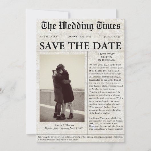 日付ユニークを保存した新聞写真の結婚式 招待状 (正面)