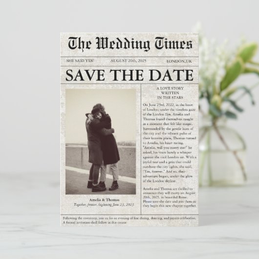 日付ユニークを保存した新聞写真の結婚式 招待状 (スタンド正面)