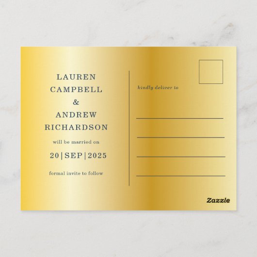 日付ユーカリ海軍&金ゴールド結婚の ポストカード (裏面)