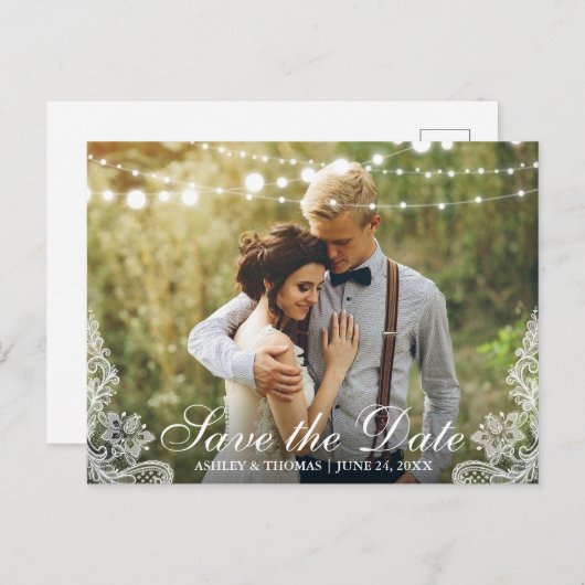 日付レースとストリングライトの写真を保存 案内ポストカード (正面/裏面)