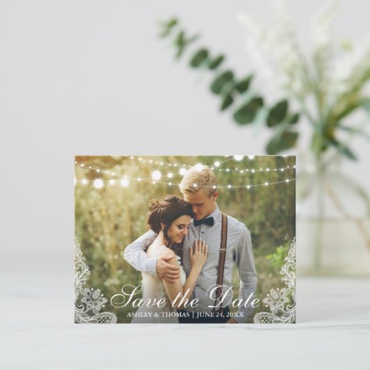 日付レースとストリングライトの写真を保存 案内ポストカード (スタンド正面)