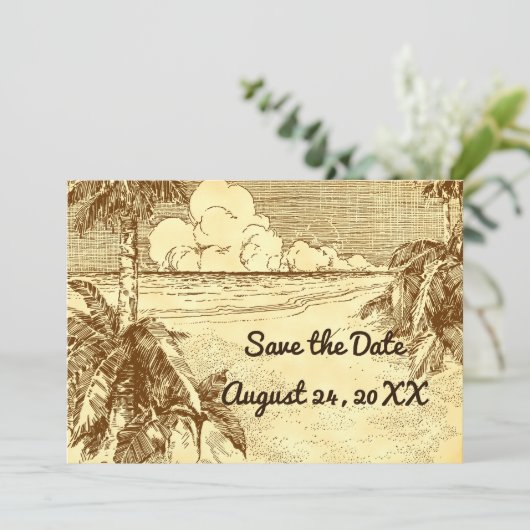 日付ヴィンテージのカスタムビーチエッチングを保存 案内状 (スタンド正面)