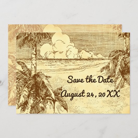 日付ヴィンテージのカスタムビーチエッチングを保存 案内状 (正面/裏面)