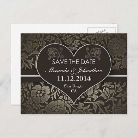 日付ヴィンテージダマスク愛ハートポストカードを保存 案内ポストカード (正面/裏面)