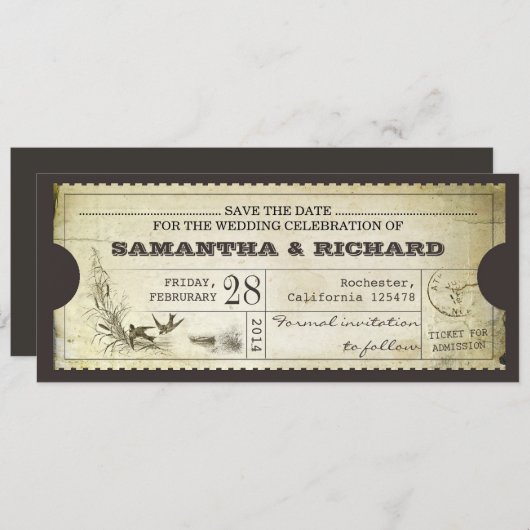 日付ヴィンテージチケットタイポグラフィの招待を保存 セーブザデート (正面/裏面)