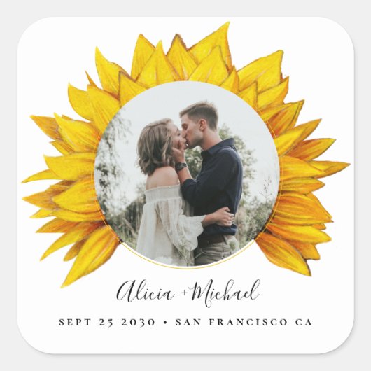 日付以外のヒマワリ写真の素朴な結婚式 スクエアシール (正面)