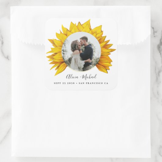 日付以外のヒマワリ写真の素朴な結婚式 スクエアシール (バッグ)