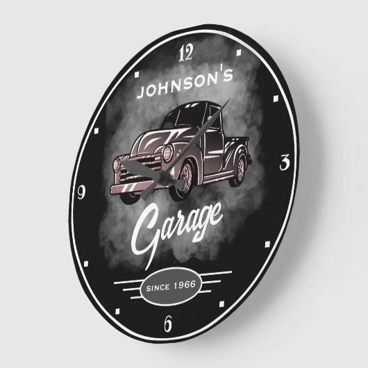 日付以降の任意の名前ガレージブラックヴィンテージトラック ラージ壁時計 (傾斜)