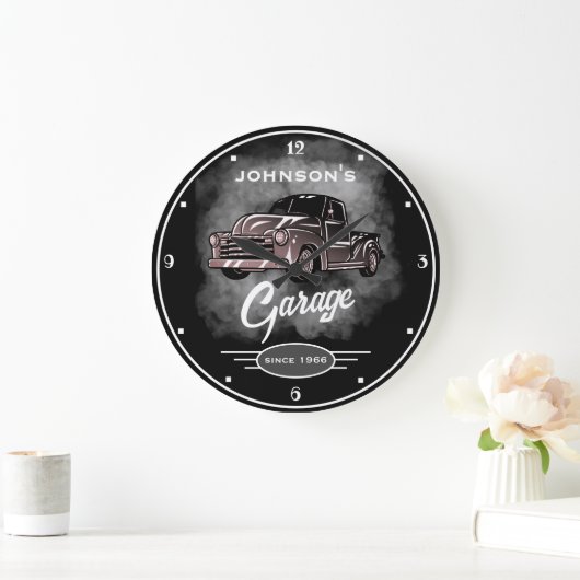 日付以降の任意の名前ガレージブラックヴィンテージトラック ラージ壁時計 (ホーム)