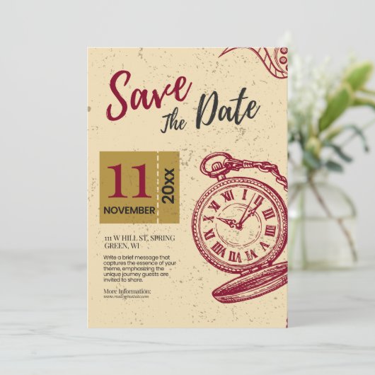 日付伝統的カードを保存するビンテージ結婚式 セーブザデート (スタンド正面)
