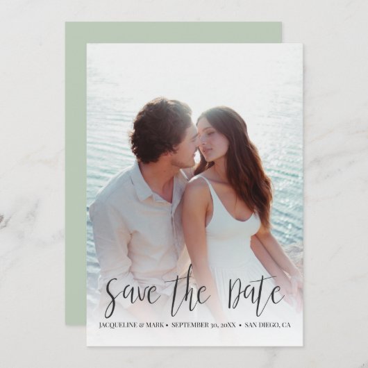 日付保存 現代スタイリッシュなカリグラフィーと写真付き 招待状 (正面/裏面)