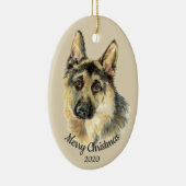 日付入りクリスマスのカスタム水彩 ドイツ牧羊犬 セラミックオーナメント (右)