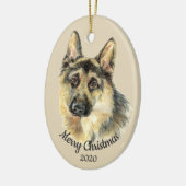 日付入りクリスマスのカスタム水彩 ドイツ牧羊犬 セラミックオーナメント (左)