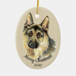 日付入りクリスマスのカスタム水彩 ドイツ牧羊犬 セラミックオーナメント