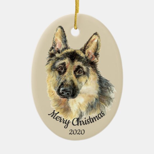日付入りクリスマスのカスタム水彩 ドイツ牧羊犬 セラミックオーナメント (正面)