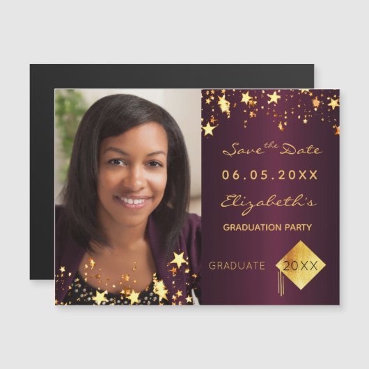 日付写真卒業パーティーのバーガンディを保存 (正面/裏面)