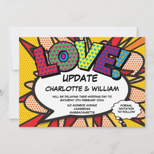 日付変更のお知らせ 現代風 コミックブック セーブザデート (正面)