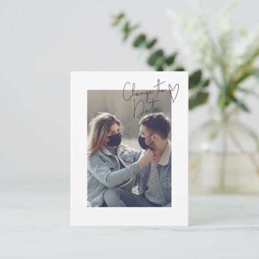 日付変更シンプルスクリプト写真延期 ポストカード (スタンド正面)