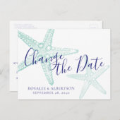 日付変更ヒトデティール(緑がかった色)ビーチ結婚式 案内ポストカード (正面/裏面)