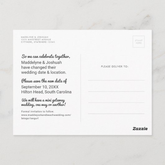 日付変更面白い＆ターコイズブルー結婚式 ポストカード (裏面)