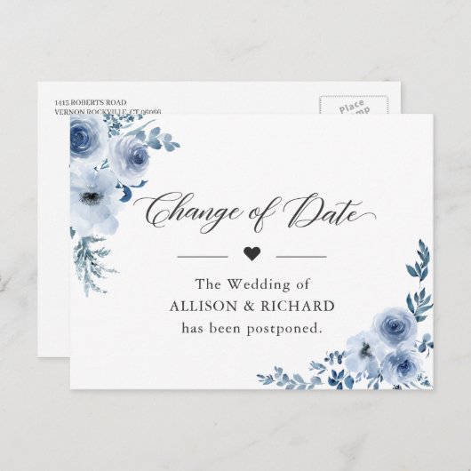日付変更 エレガントな新計画 ダスティーブルーの花 ポストカード (正面/裏面)
