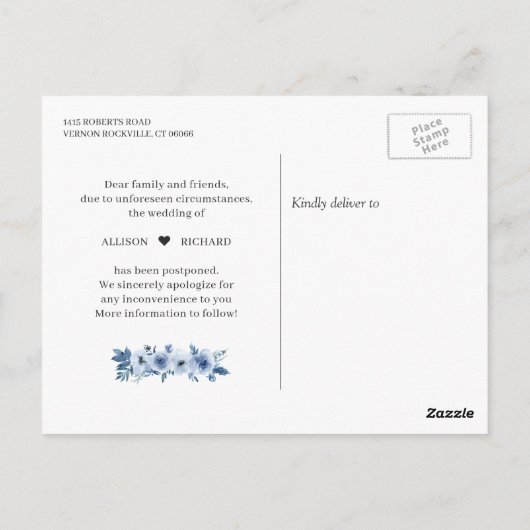 日付変更 エレガントな新計画 ダスティーブルーの花 ポストカード (裏面)