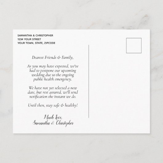 日付変更 エレガントな赤いバラのウェディング延期のお知らせ 案内ポストカード (裏面)